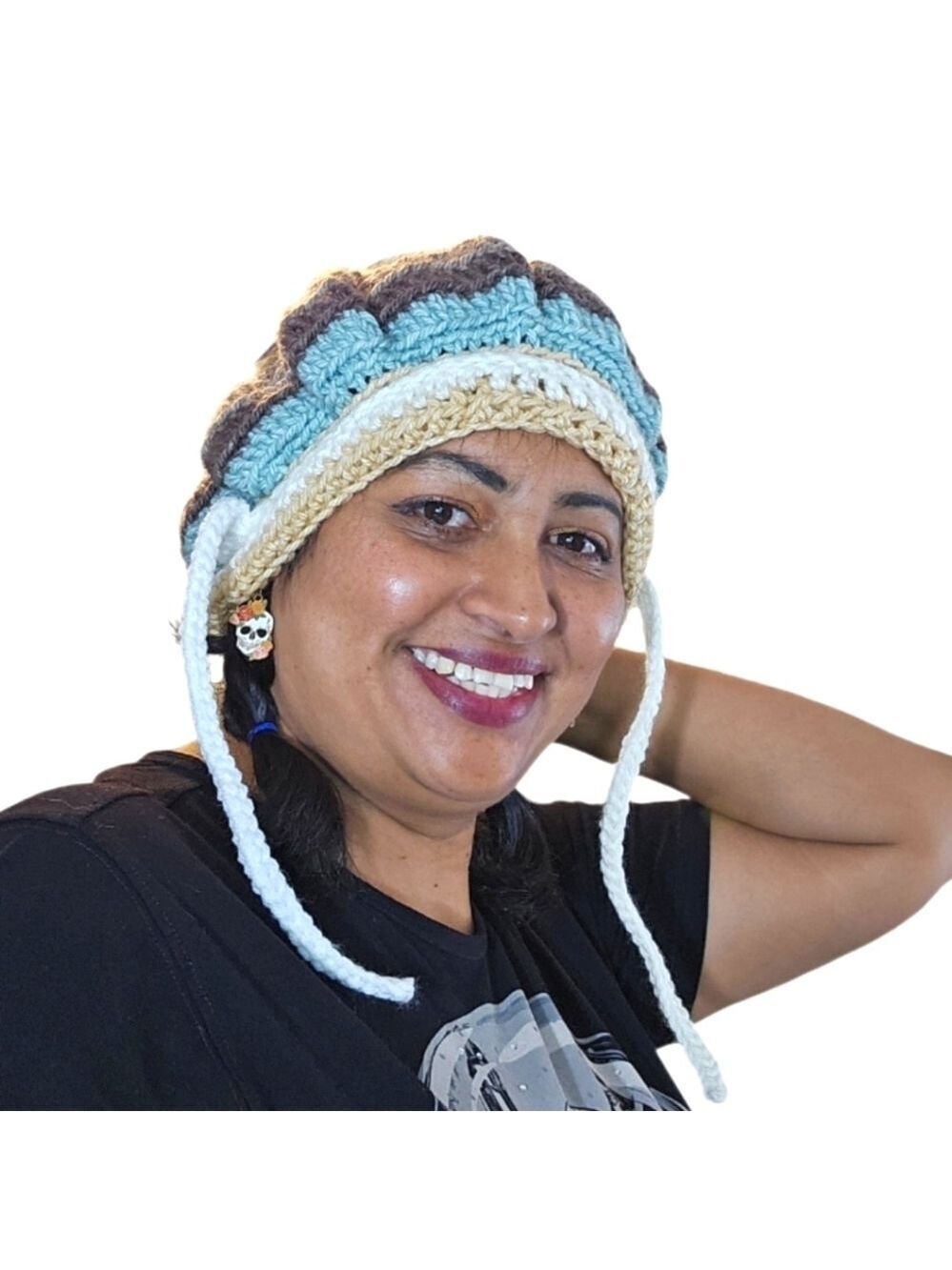 Handmade Crochet Slouchy Hat Beanie Pompom Multicolor One Size